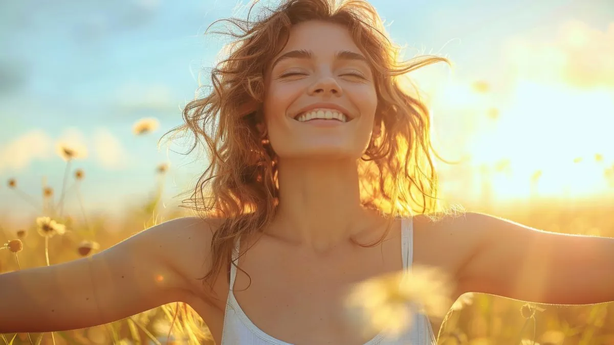 Uśmiechnięta kobieta stojąca na słonecznym polu, symbol odzyskiwania radości życia i wewnętrznej lekkości.