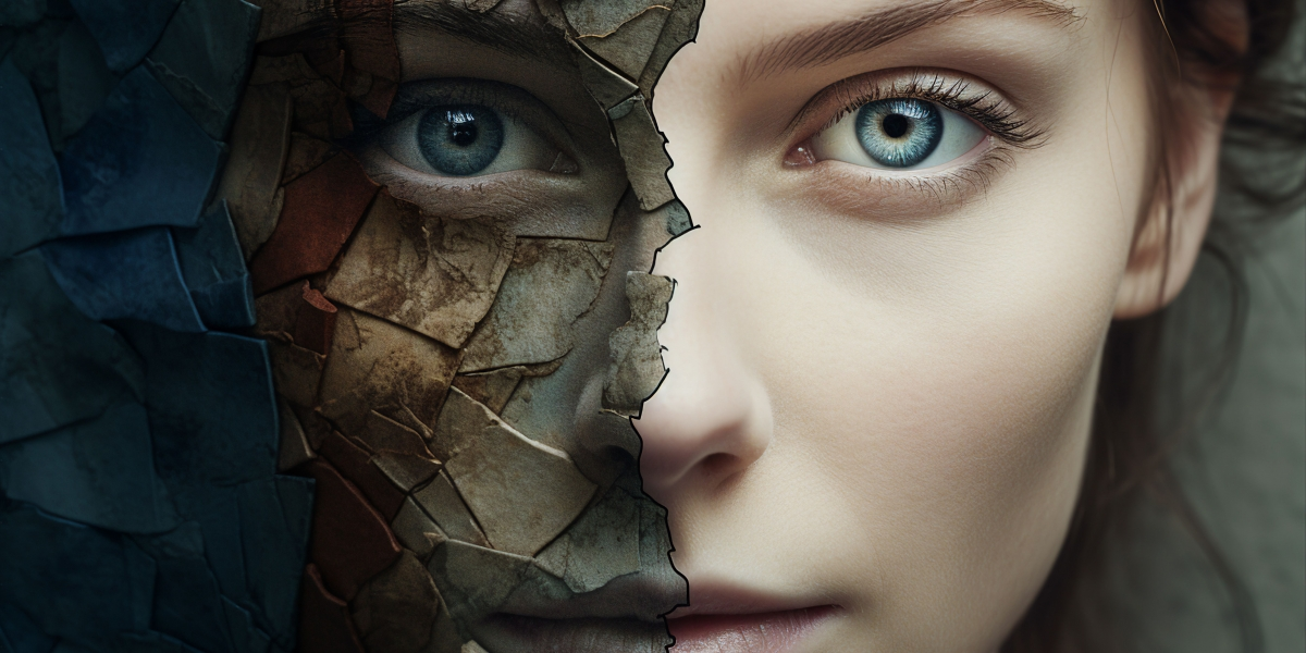 Podwójne oblicze osoby – maska i prawdziwa twarz – nawiązujące do zdemaskowania i zablokowania wampira energetycznego.