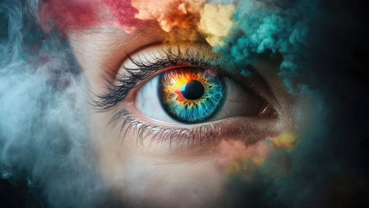Zbliżenie oka z barwną tęcz&oacute;wką i dymnymi kolorami, symbol jasnowidzenia i rozwoju duchowego