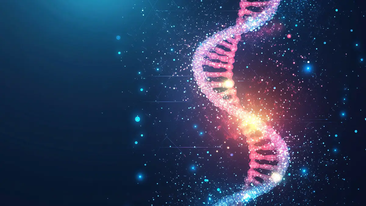 Kolorowa wizualizacja helisy DNA na tle kosmiczno-energetycznym – symbol połączenia biologii, energii i świadomości w kontekście uzdrawiania i rozwoju duchowego.