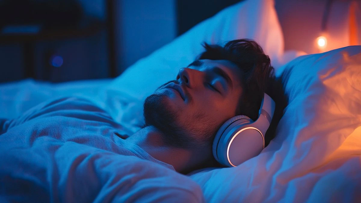 Mężczyzna wyciszający się przed snem, pogrążona w medytacji 