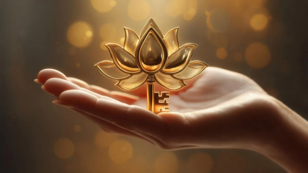 Dłoń trzymająca złoty klucz w kształcie kwiatu lotosu, symbol wewnętrznej mądrości i rozwoju duchowego