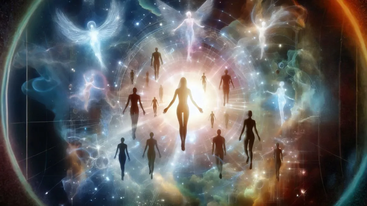 Ilustracja przedstawiająca duchowe postacie w świetlistej przestrzeni kosmicznej, symbolizująca oczyszczenie karmy i przemianę duchową.