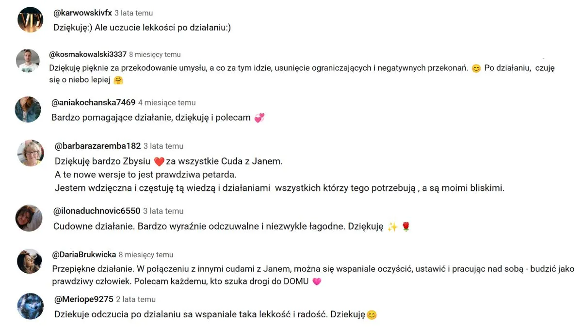 screen z komentarzami dziękującymi za metodę programowanie podświadomości metodą popko