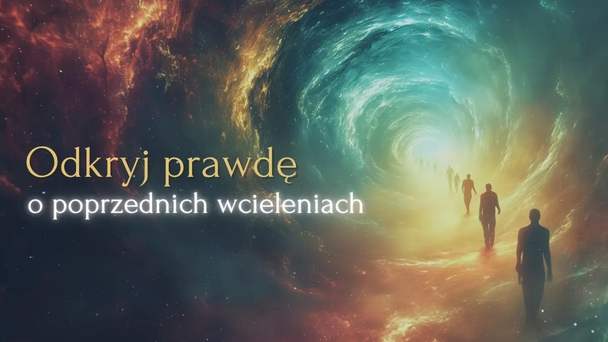Tunel światła z sylwetkami ludzkimi symbolizujący podróż duszy przez poprzednie wcielenia, z napisem: Odkryj prawdę o poprzednich wcieleniach