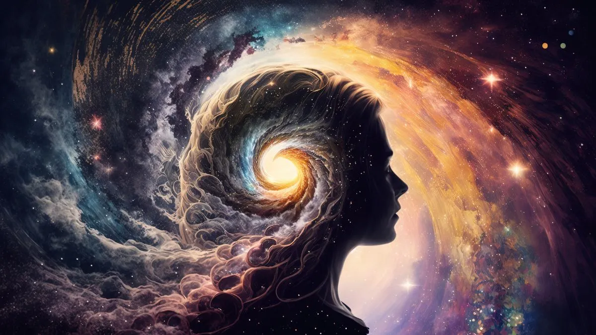 Kobieta w świetlnym wirze energii kosmicznej symbol powrotu do źródła i duchowego przebudzenia świadomości.