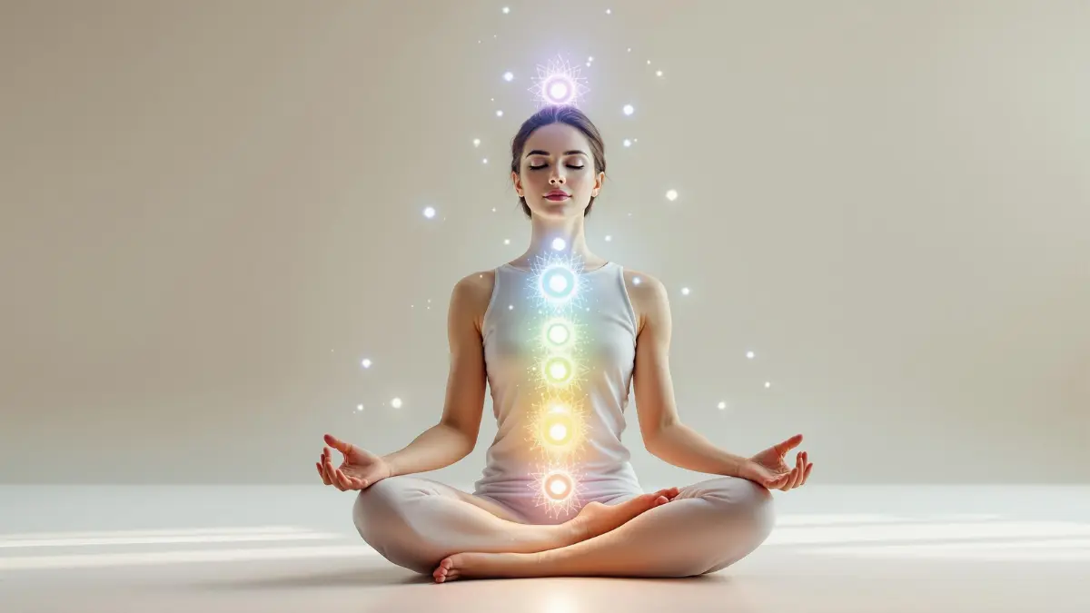 Kobieta w pozycji medytacyjnej z wizualizacją siedmiu czakr wzdłuż ciała – symbol harmonii energetycznej i pracy z wewnętrzną świadomością.