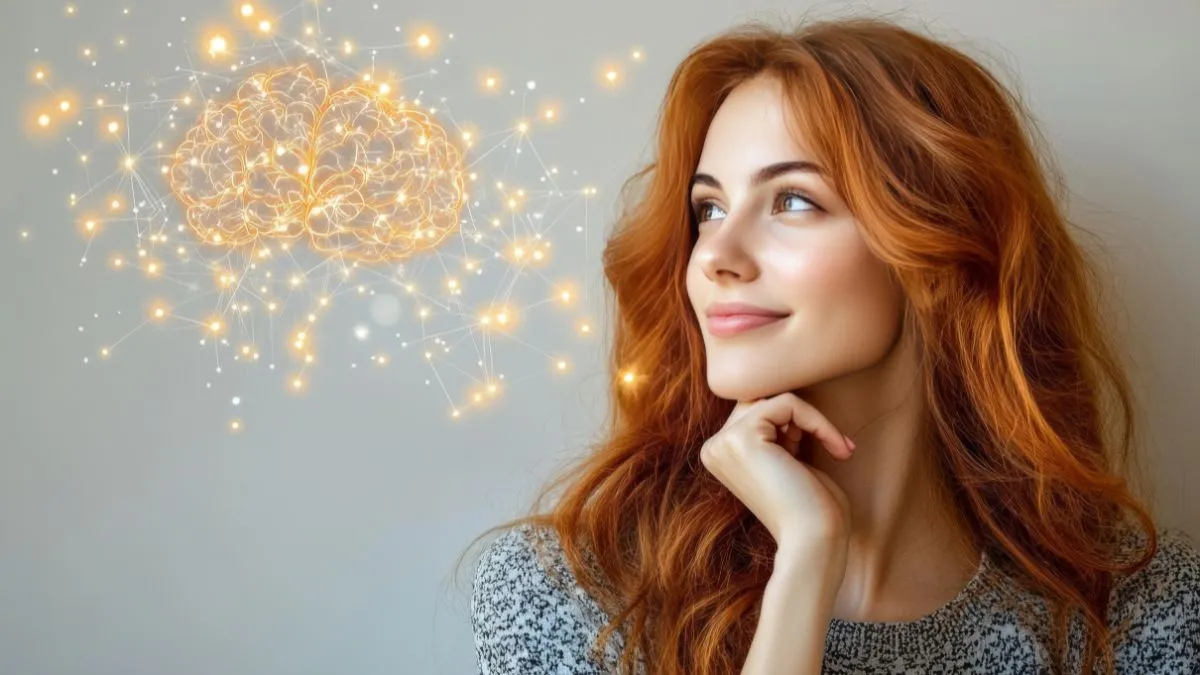 Kobieta patrząca z uśmiechem na świetlisty symbol mózgu – wizualizacja programowania podświadomości i pracy z umysłem.