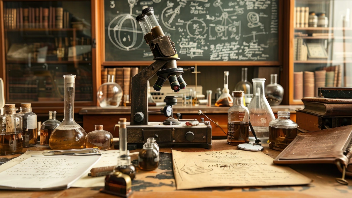 laboratorium naukowe z dawnym sprzętem i odręcznymi notatkami – nostalgiczny obraz początków odkryć naukowych