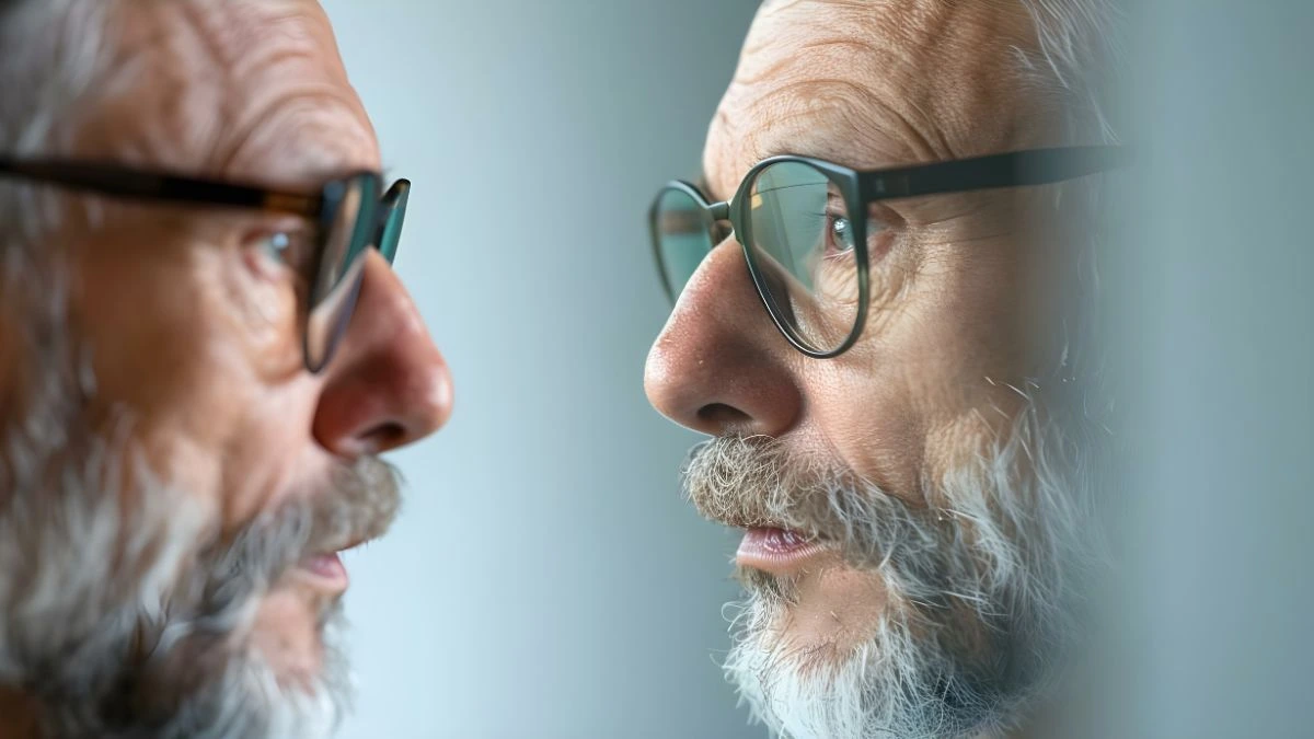 Starszy mężczyzna wpatruje się w siebie – metafora spotkania z ego