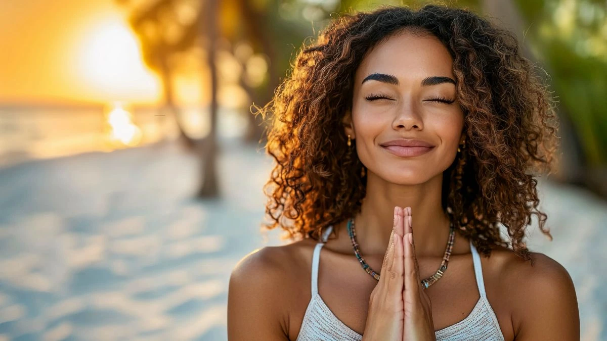 Skupiona kobieta z zamkniętymi oczami w stanie wewnętrznego wyciszenia &ndash; symbol świadomej intencji i uważności