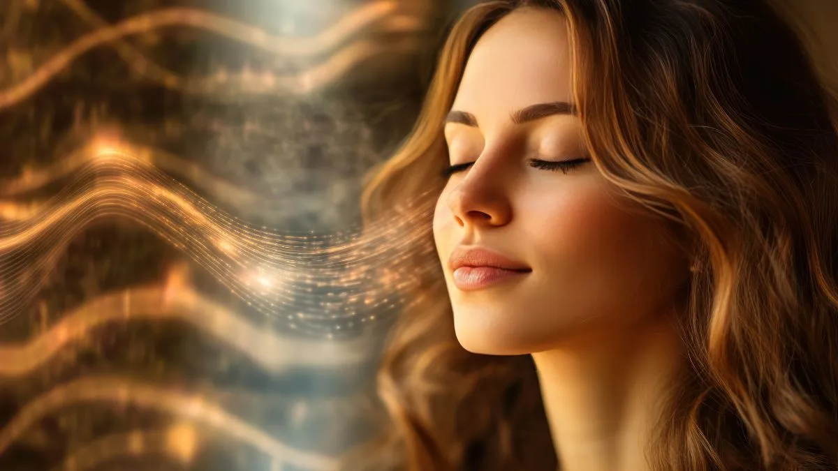 Medytująca kobieta w świetle – symbol harmonii i spokoju po rytuale odcięcia od toksycznej osoby