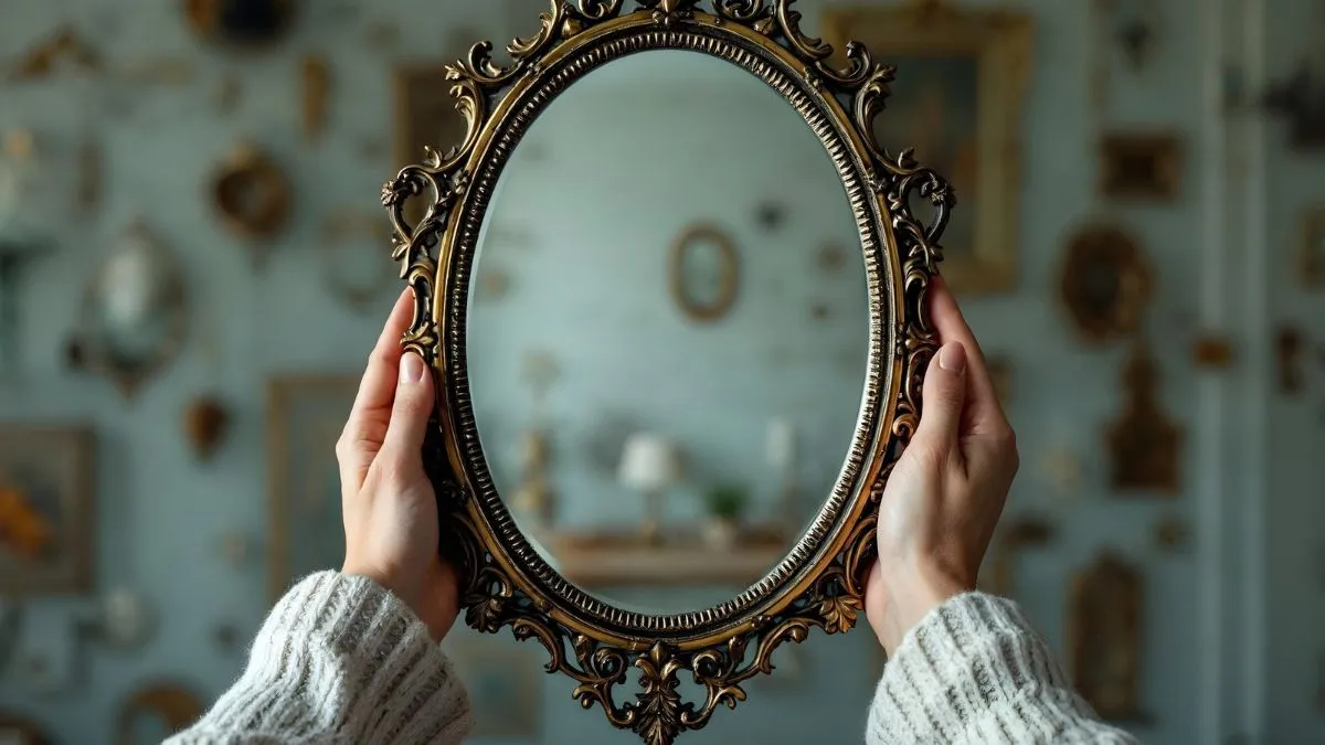 Kobieta trzymająca ozdobne lustro, symbol Zasady Lustra i pracy z cieniem