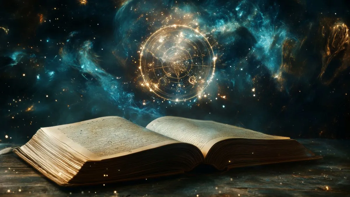Otwarta księga w świetle kosmicznej przestrzeni – symbol Księgi Życia i duchowych zapisów duszy.