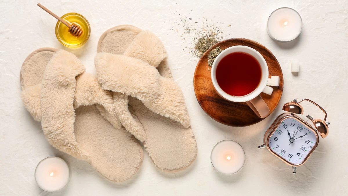 Kapcie, herbata i świeczki jako akcesoria wieczornej rutyny.