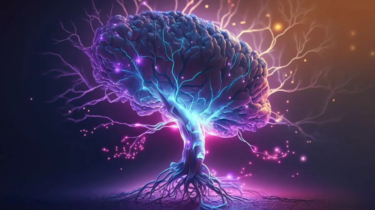 Świetliste drzewo w kształcie mózgu – symbol połączenia umysłu, energii i świadomości w procesie programowania podświadomości.
