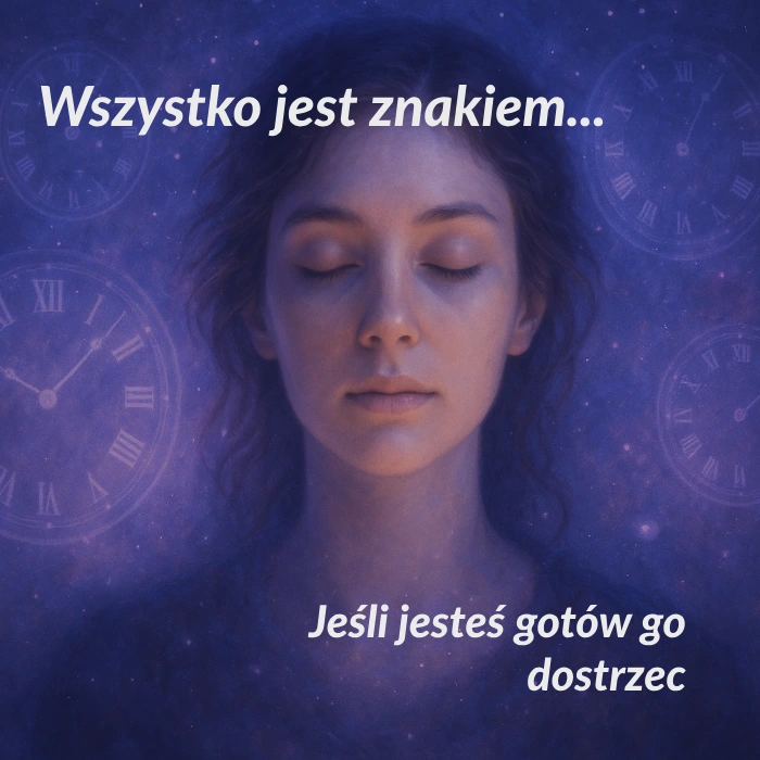 Medytująca kobieta z zamkniętymi oczami, otoczona zegarami w kosmicznej przestrzeni – ilustracja AI symbolizująca świadomość i synchroniczność